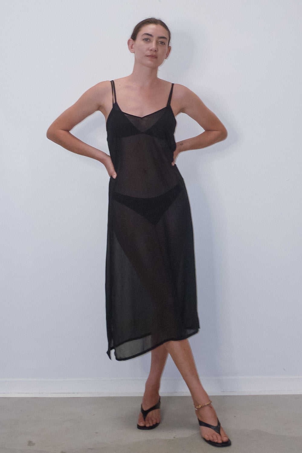 black sheer slip dress 80s Black Sheer Nylon Slip Dress – Alba Vintage Studio
