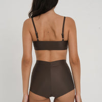 Women's high waisted boyleg surf shorts in chocolate brown