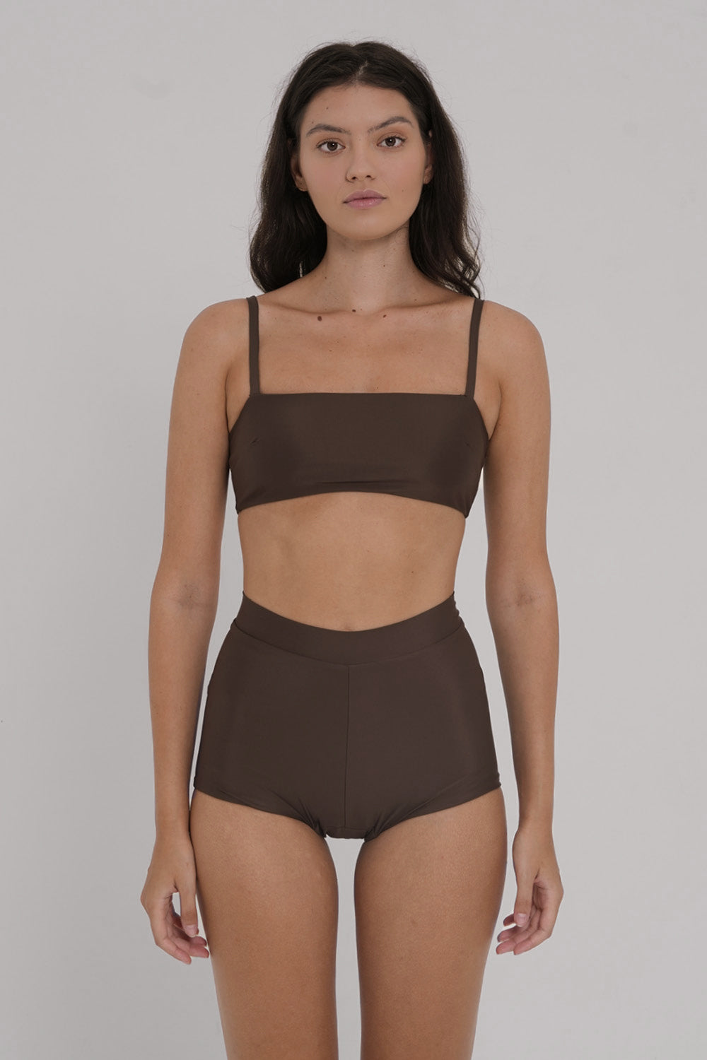 Women's high waisted boyleg surf shorts in chocolate brown