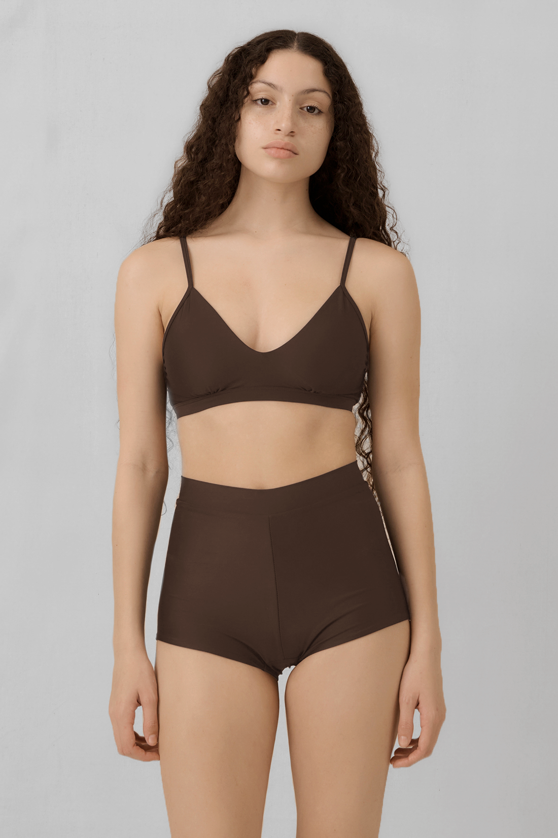 Women's high waisted boyleg surf shorts in chocolate brown